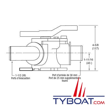 Jabsco - Vanne Y  45490-1000 -  entrée Ø25 ou Ø38mm - sorties Ø38mm