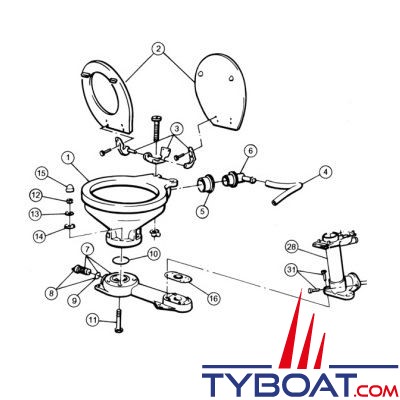 Jabsco - Coude arrière et joints 58107-1000 pour WC 29090, 29120, 37010, 37045, 37245, 37055, 37255, 58XX0