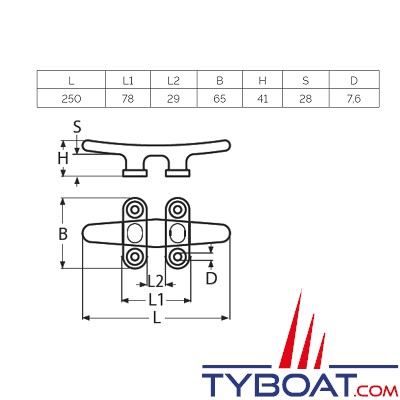 Taquet de pont - Inox 316 - Longueur 250 mm