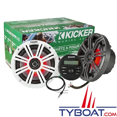 Kicker - Pack audio multimédia KMC2 - AM/FM/Bluetooth/USB - 4 x 25W Rms + 2 HP 6,5 Sports Blanc et Gris LED RGB