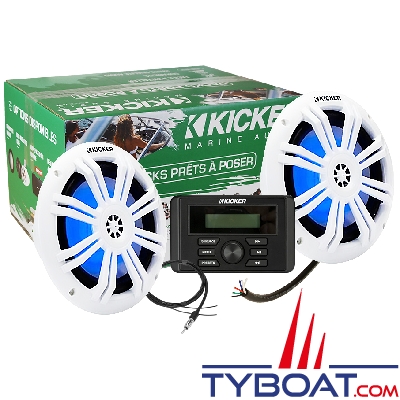 Kicker - Pack audio multimédia KMC3 - AM/FM/Bluetooth/USB - 4 x 25W Rms + 2 HP 6,5 Blanc LED Bleu