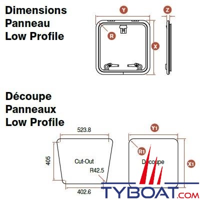 Lewmar - Panneau de pont type Low Profile taille 00 281 x 281 mm auto porté