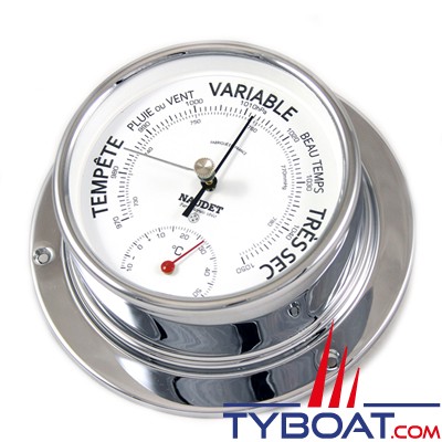 Naudet - Baromètre / Thermomètre cadran blanc Ø100mm - Boitier Chromé