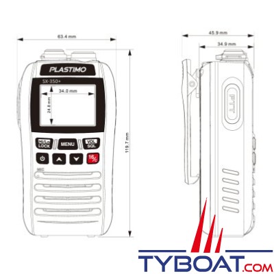 Plastimo - VHF portable compact SX-350+ - Puissance 1/3,5 watts - Etanche IPX7 et flottante - USB-C