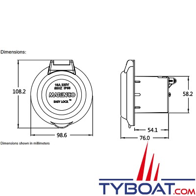 Marinco - Prise de bord étanche plastique 2 pôles + terre 220v 16A