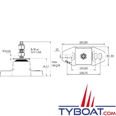 R&D Marine - Support moteur double isolation - 73/304kg tige 5/8