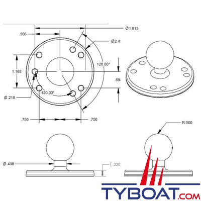 Base boule c ram mounts à clipser sur rail de kayak