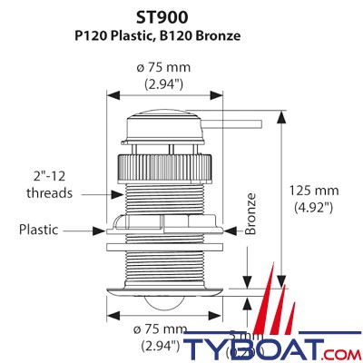 Raymarine - Sonde traversante plastique ST900 - Loch/Speedo/Temp pour ST40/i40/ST60/ ST60+/i50/ ST70/ITC-5 avec câble 13,80 m