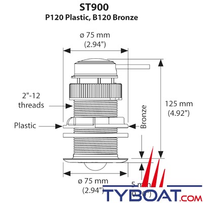Raymarine - Sonde traversante plastique ST900 - Loch/Speedo/Temp pour ST40/i40/ST60/ ST60+/i50/ ST70/ITC-5 avec câble 20 m