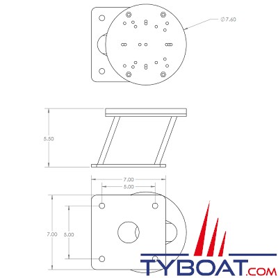 SEAVIEW - Support 5“ (127mm) inclinaison arrière pour projecteur, base 7 x 7