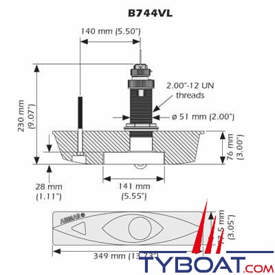 Airmar - Sonde traversante bronze B744VL (filetage long) - 600W - 50/200 KHz - Triducer avec fairing block - Connecteur Bleu Simrad / Lowrance / B&G