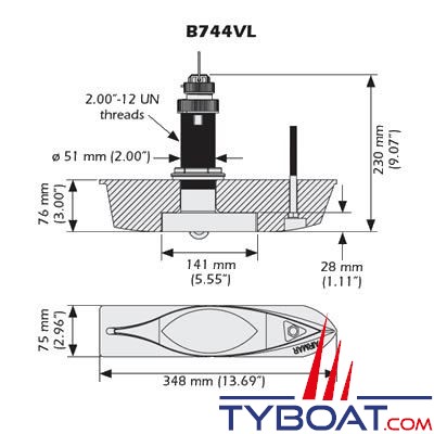 Sonde traversante bronze Raymarine B744VL (filetage long) 600W 50/200 KHz triducer vitesse/profondeur/température - avec fairing block