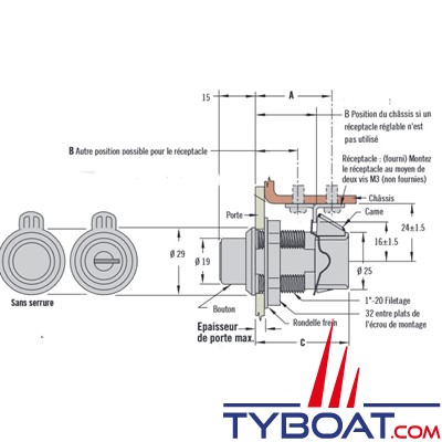 Southco - Loquet à fermeture par poussée - ABS noir et inox - avec serrure