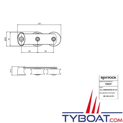 SPINLOCK - ST50/2Y - Boite à réas asymétrique ø 50 mm en composite / 2 réas