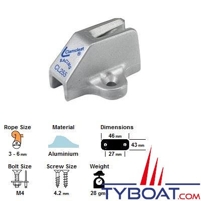 Clamcleat - Taquet aluminium Omega CL255 pour cordage Ø 3 à 6 mm