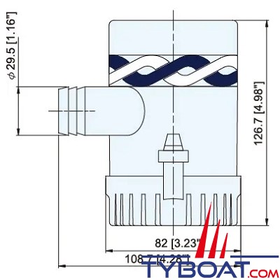 TMC - Pompe de cale immergée - Série R18 - 1000 GPH - 3 786 Litres/heure - 24 Volts - Sortie 29 mm