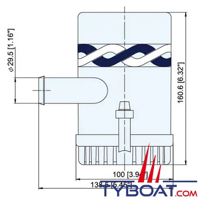 TMC - Pompe de cale immergée - Série R18 - 1500 GPH - 5 676 Litres/heure - 12 Volts - Sortie 29 mm