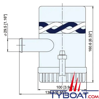 TMC - Pompe de cale immergée - Série R18 - 1500 GPH - 5 676 Litres/heure - 24 Volts - Sortie 29 mm