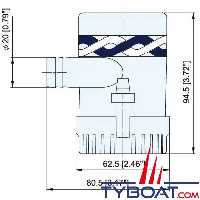 TMC - Pompe de cale immergée - Série R18 - 500 GPH - 1 890 Litres/heure - 12 Volts - Sortie 19 mm