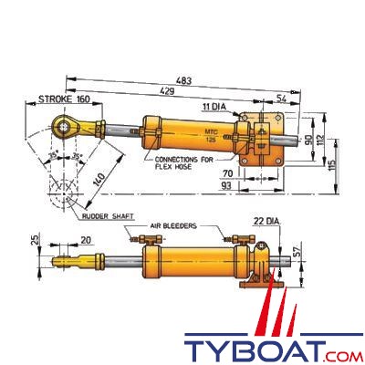 Vérin hydraulique Vetus type MTC125, pour tuyau nylon ou cuivre Ø 10mm