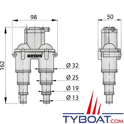 Vetus - AIRVENTH - Coude anti-siphon  Ø 13/19/25/32mm avec tuyau longueur 4 m.