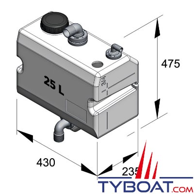 VETUS - Réservoir eaux usées 25 litres horizontal pour montage sur paroi verticale complet