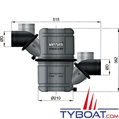 VETUS - Waterlock HEAVY DUTY synthétique noir  type NLP50 S  (10 litres) Ø50 mm avec entrée et sortie orientables pour tuyau 50 mm