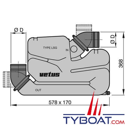 Waterlock Vetus type LSG Ø 60mm 17L pour grande longueur d'échappement